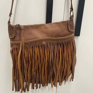 Roots leather fringe purse